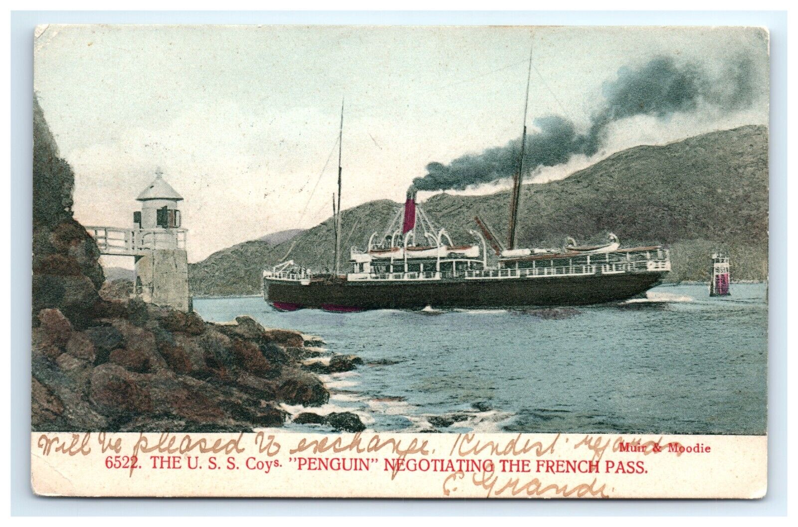 Postcard USS Coys Penguin Navigating French Pass NZ Postd 1906 Smoke Muir Moodie