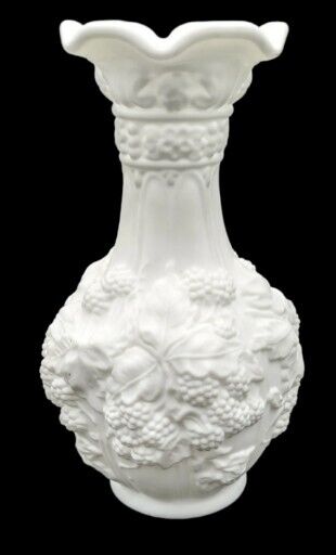 Imperial Glass Satin Doeskin White Milk Glass Loganberry Grapes Vase Vintage