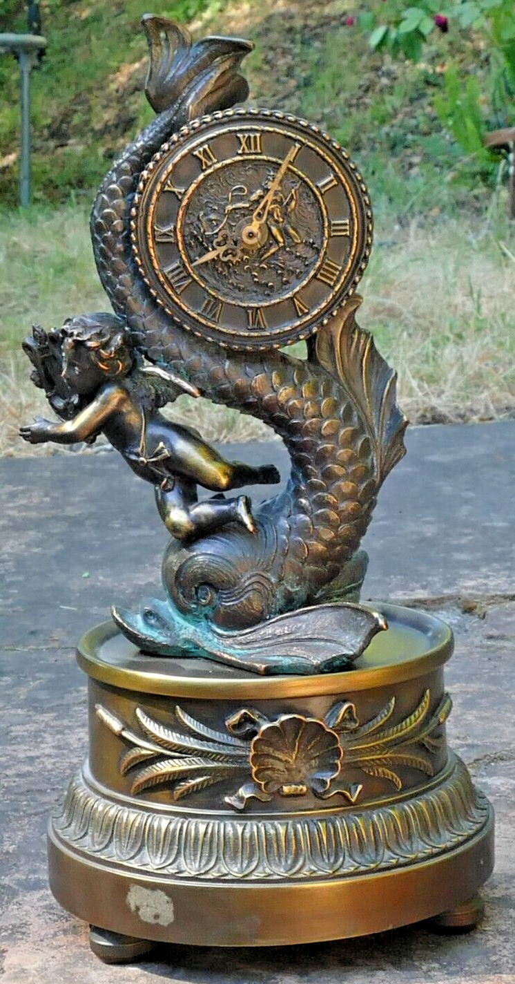 Cherub Figurine Mantel Clock Dolphins Fish Sea monster Bronze Metal heavy large