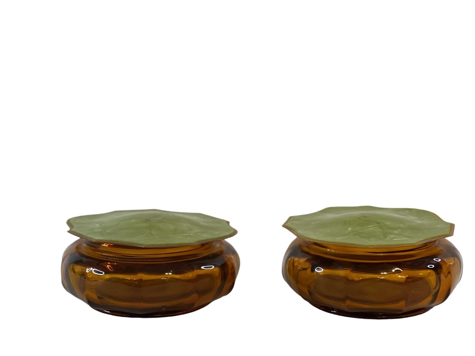 Lot of 2 Vintage Amber Glass Vanity Dresser Jar with Green Tops