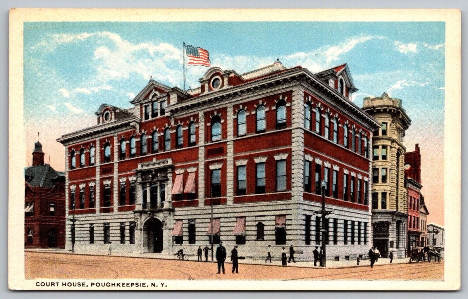 Court House Poughkeepsie New York American Flag Street View Vintage UNP Postcard