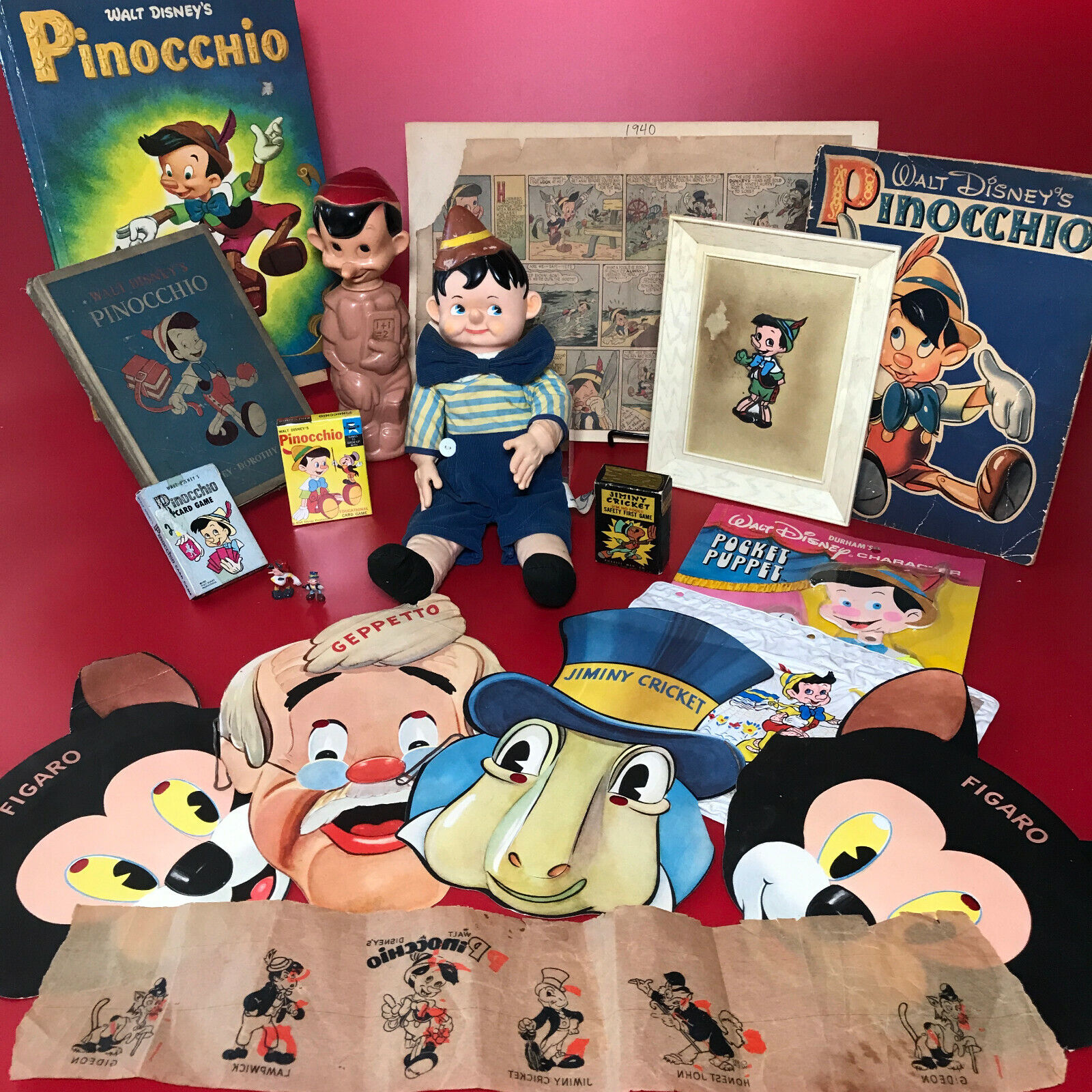 Vintage Walt Disney Pinocchio Toys, Books, Games 19pc Bundle