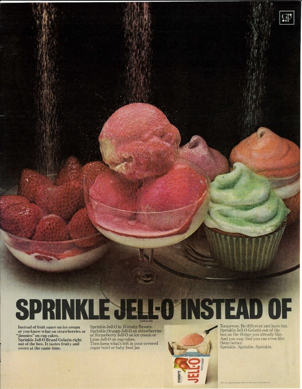1971 JELL-O Gelatin Dessert  Ice Cream Cupcake Topping Sprinkle Vintage Print Ad