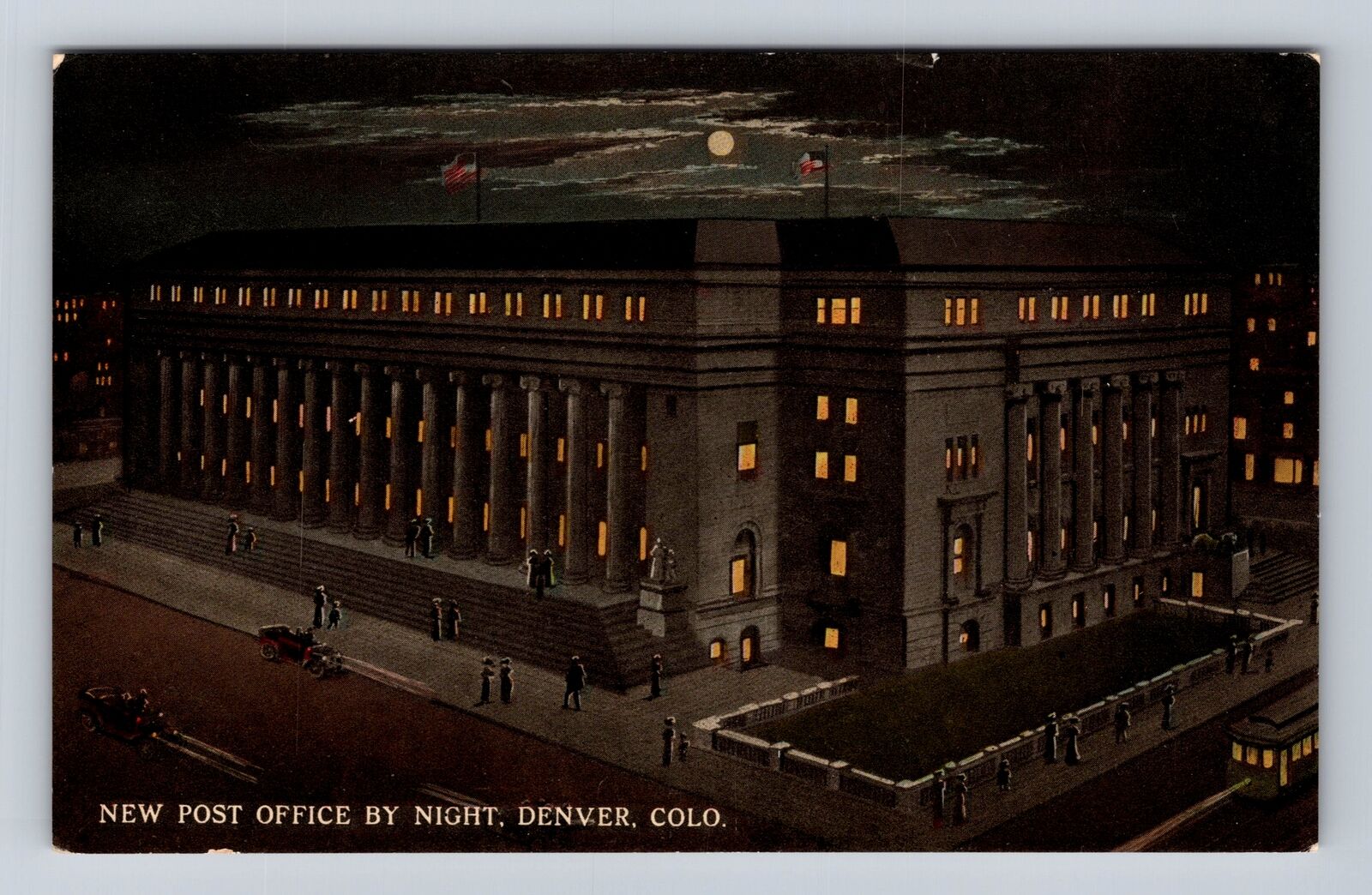 Denver CO-Colorado, New Post Office by Night, Antique Vintage Souvenir Postcard