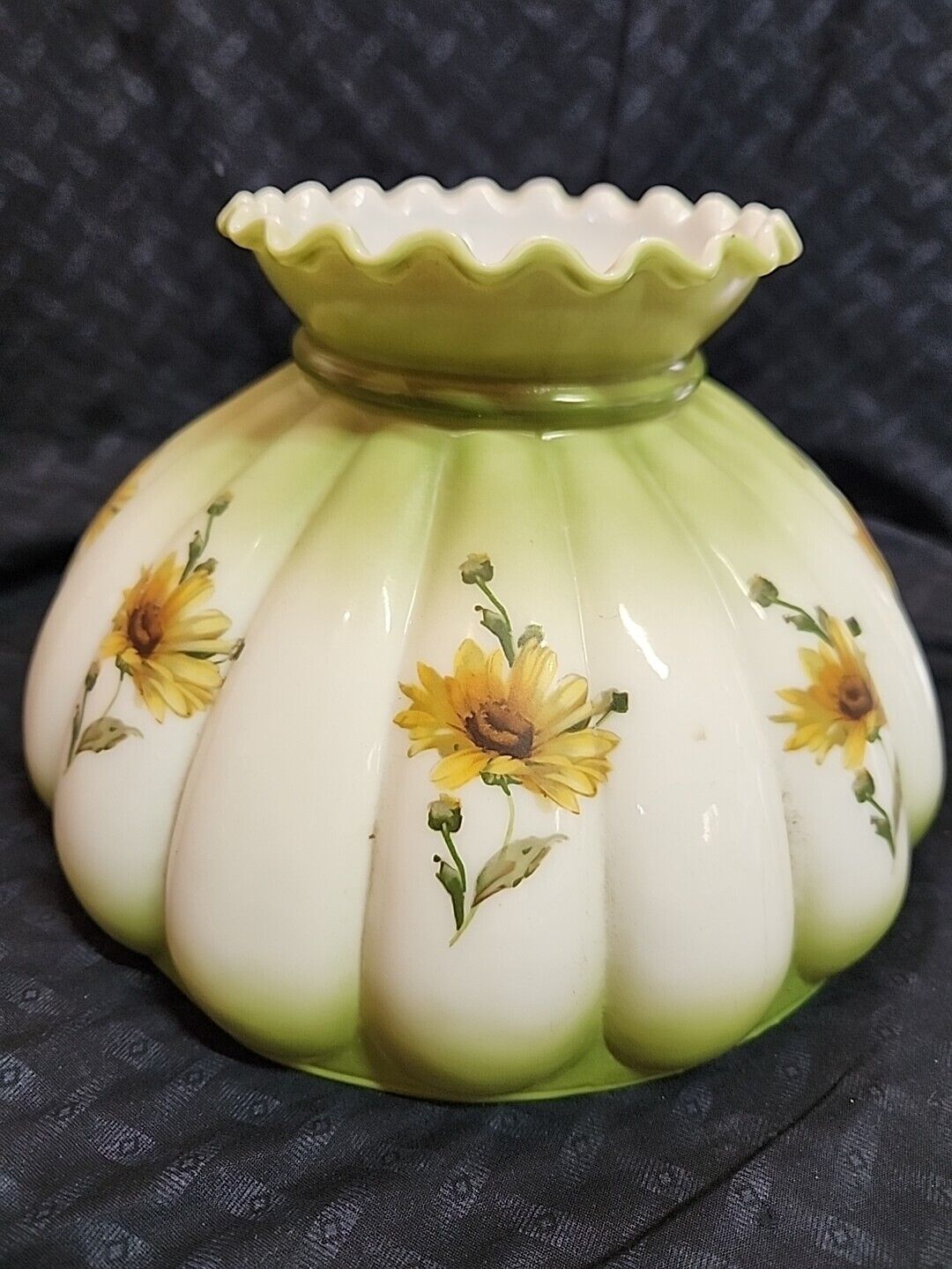Antique Aladdin Rayo Lamp Shade GWTW Green Boutique 10” Fitter Yellow Flower Vtg