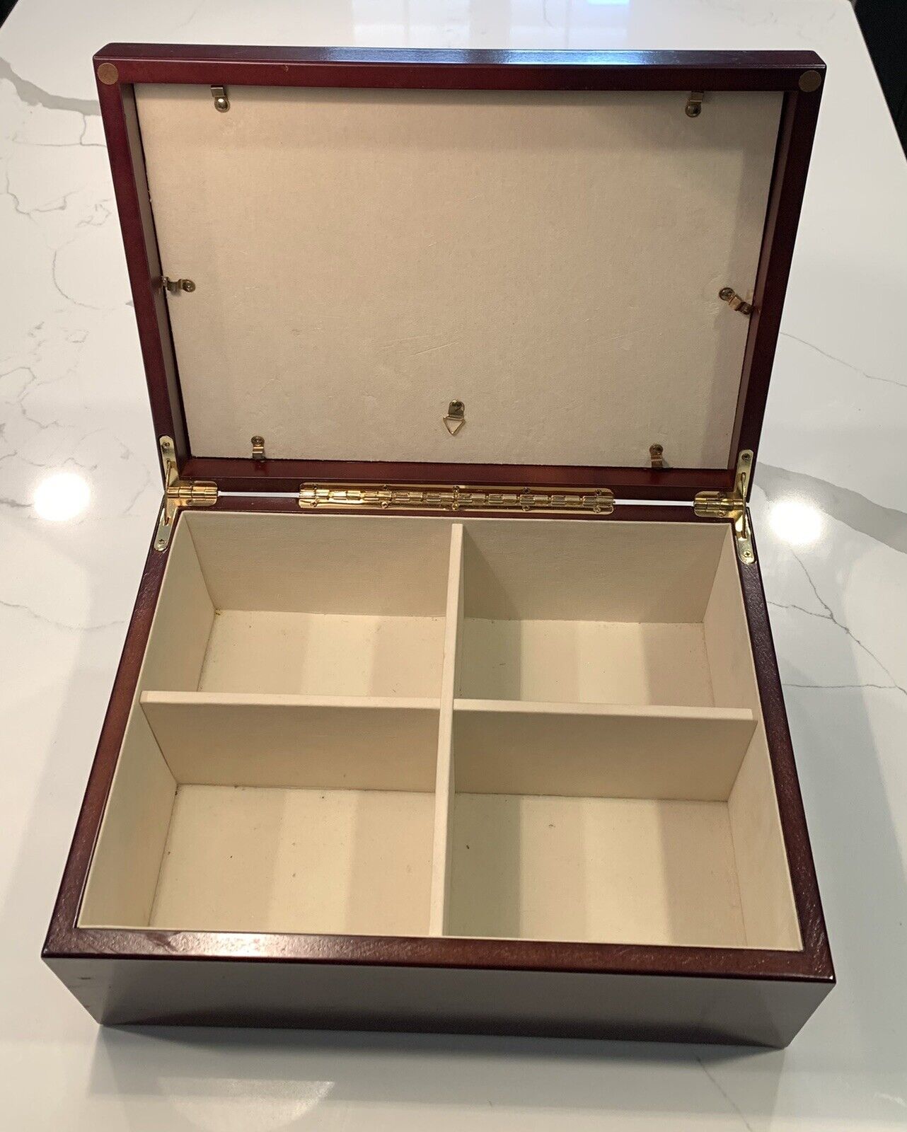 Vintage wood memory box 4 storage Compartments Color Cherry Wood 13.5 In