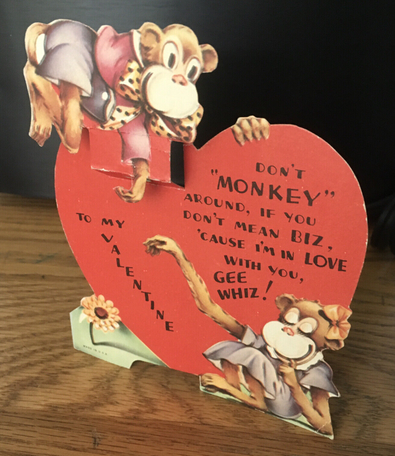 c1950’s Don’t Monkey Around Stand-Up Valentines Day Vintage Greeting Card