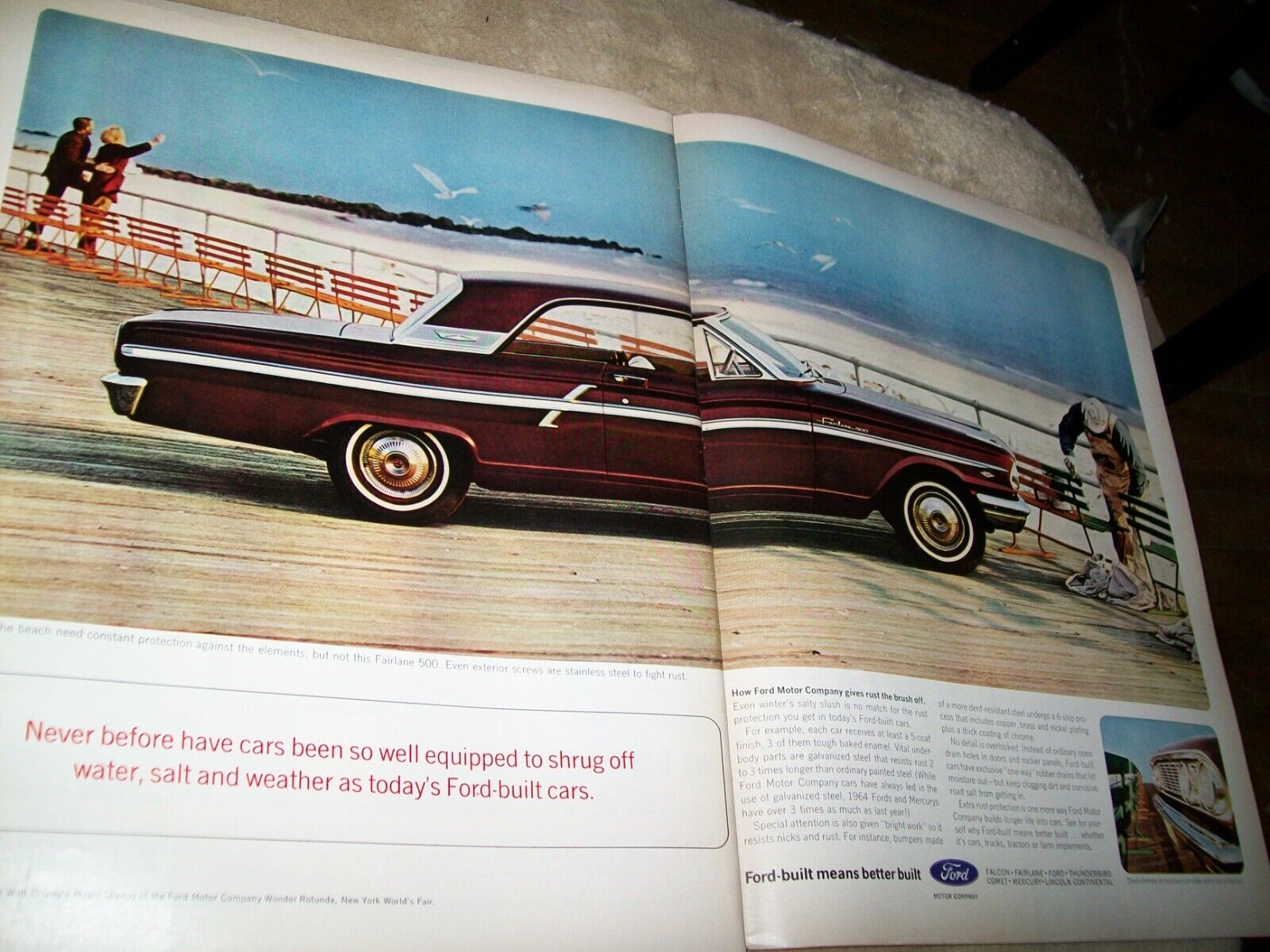 1964 Fairlane 500 Ford - benches at the beach need help   -  large mag car ad