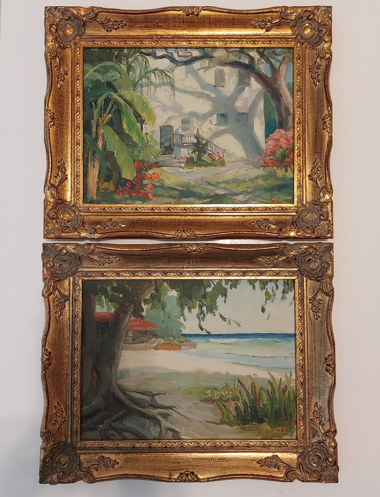 2 Vintage Ornate Gold Wood Frames w/ Signed Painting Made in Mexico