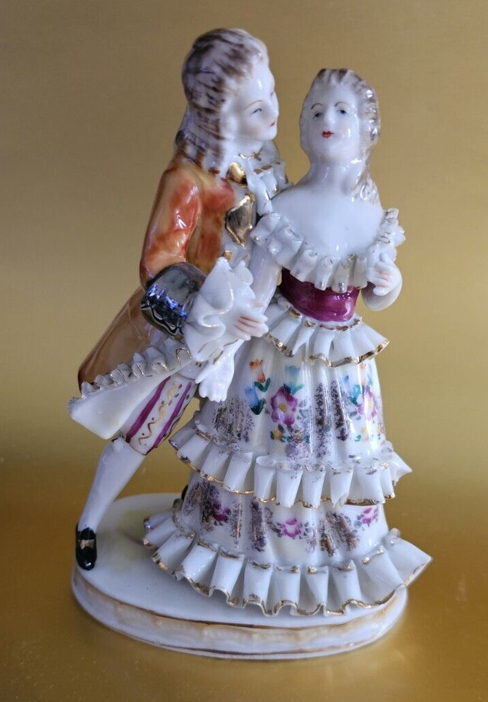 Vtg Meissen Courting Dancing 18th Century Couple Porcelain Figurine Gold Gilt 6\