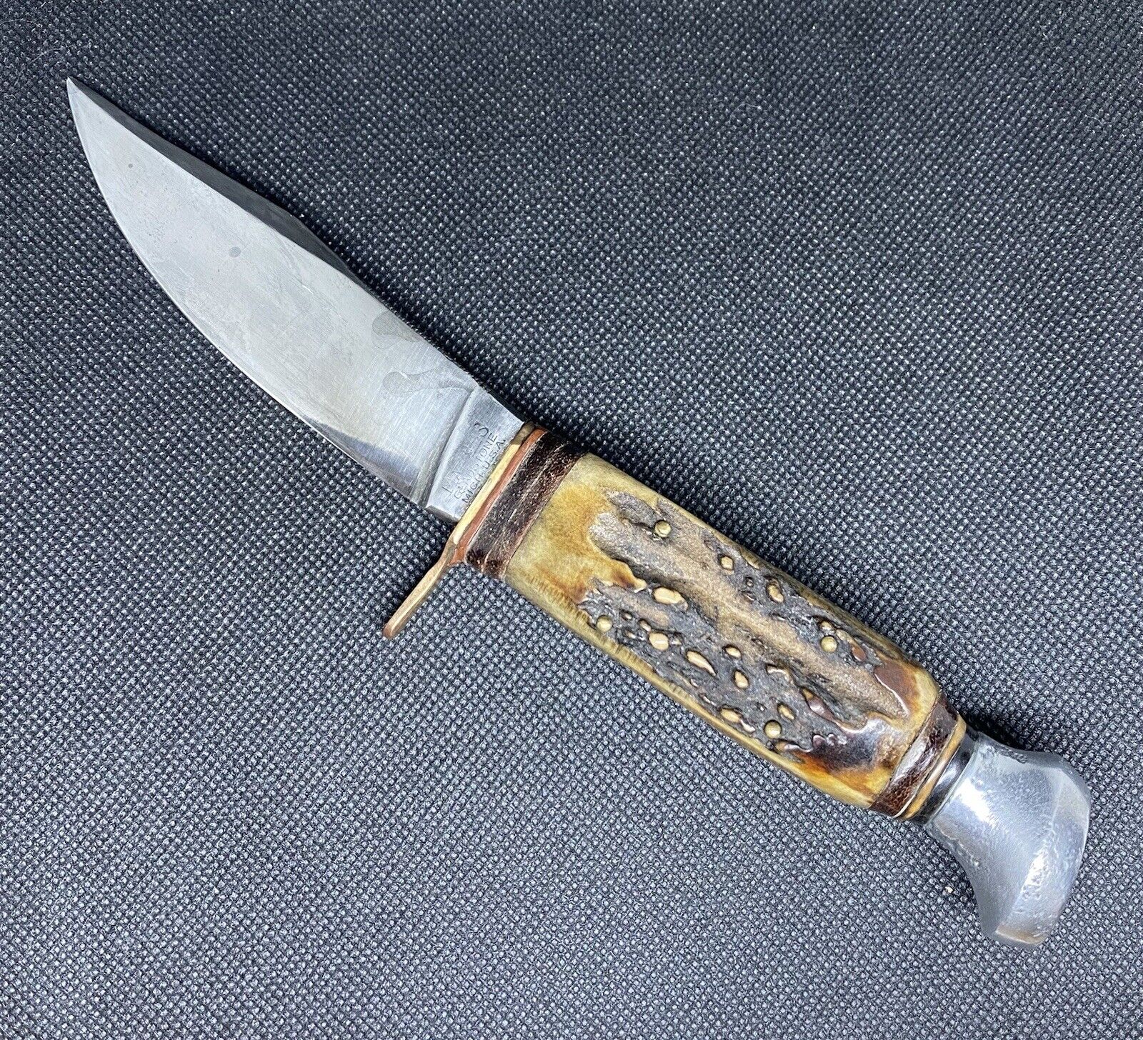 VINTAGE 1920\'S MARBLES GLADSTONE MICH USA STAG HANDLE WOODCRAFT KNIFE PAT\'D 1916