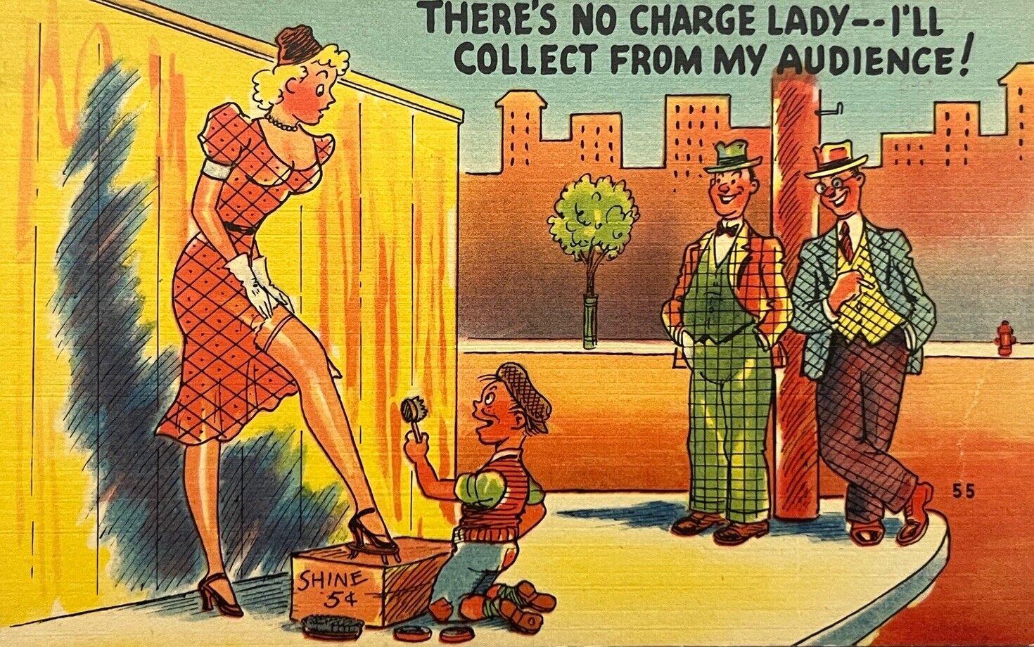 Comic Postcard Risque Pinup Sexy Young Woman Nice Garter Shoeshine Boy 1940s VJ