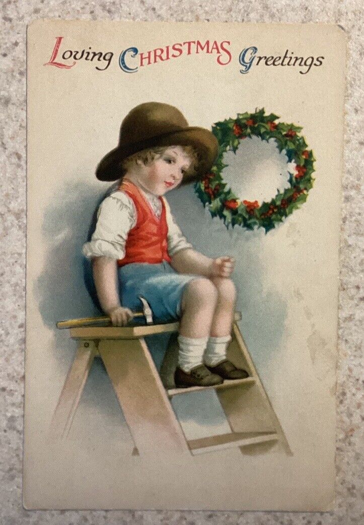 Ellen Clapsaddle Christmas Greetings Postcard ~ Young Boy Hanging Wreath