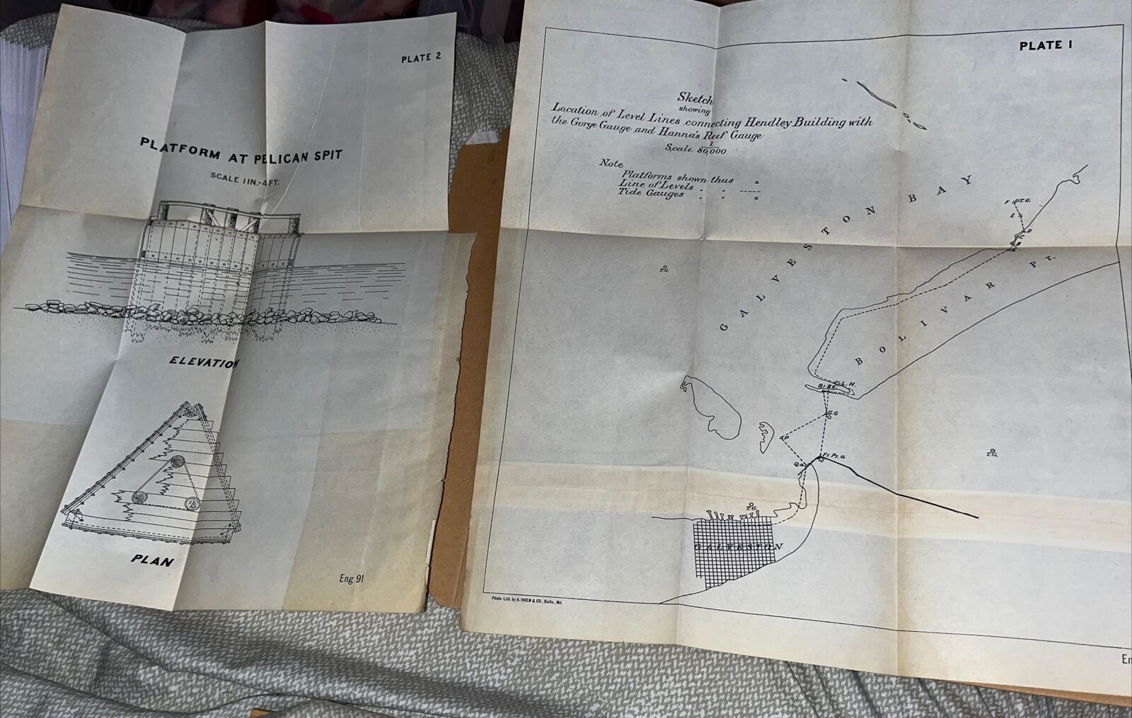 Antique 1891 Maps: Sketch Platform at Pelican Spit Galveston Bay & Bolivar Point