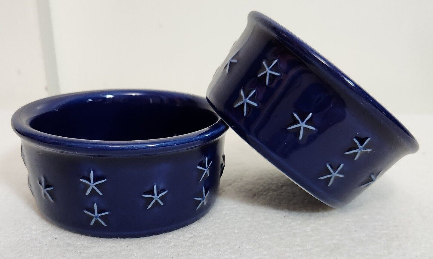 Longaberger Proudly American Round Pottery Ramekins Set of 2 Navy Blue Stars USA