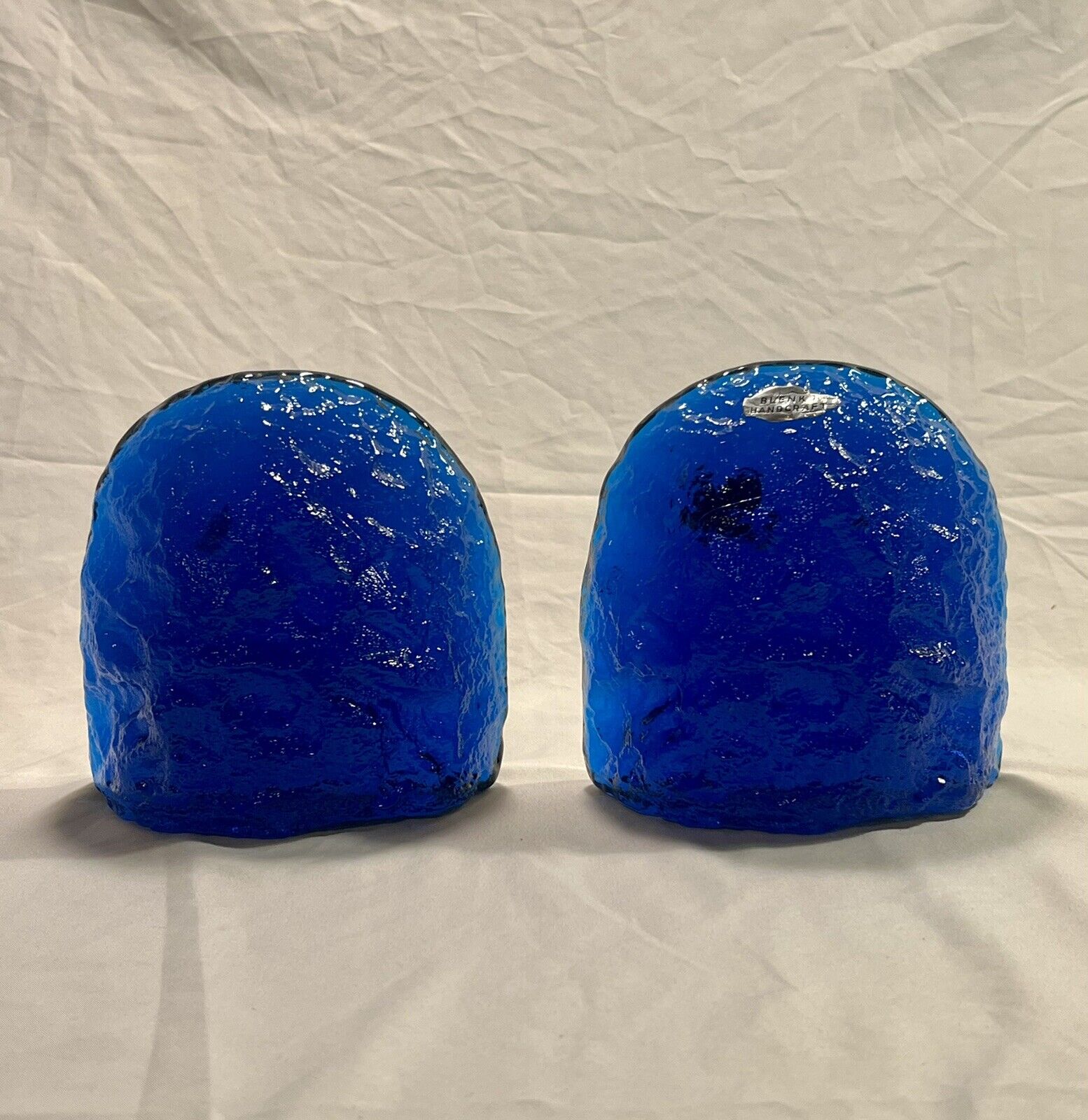 Vintage Blenko Hand Blown Glass Cobalt Blue Glacial/Ice Floe Bookends w/Labels