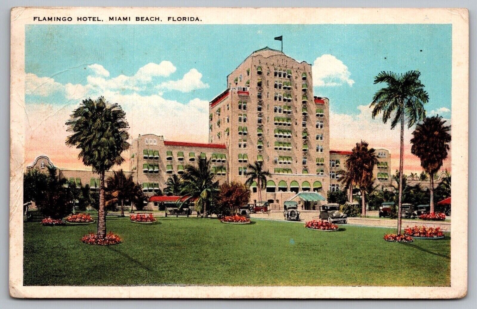 Miami Beach Florida Flamingo Hotel Streetview Old Cars WB Cancel WOB Postcard