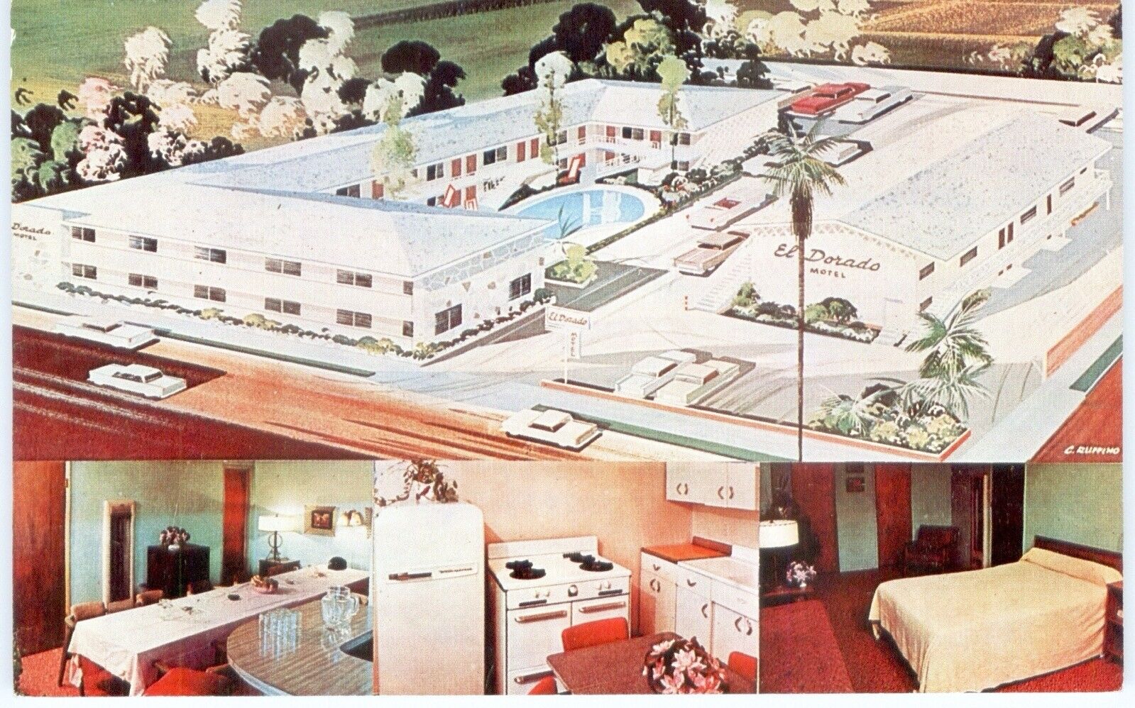 HOLLYWOOD, CALIFORNIA ~ EL DORADO MOTEL ~ MULTI-VIEW ~ INTERIOR postcard ~ 1950s