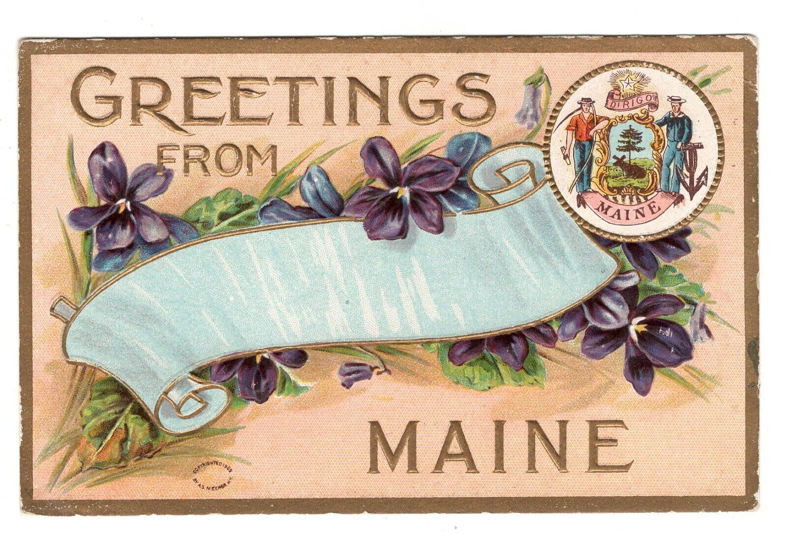 Postcard Greetings From Maine Gold Embossed
