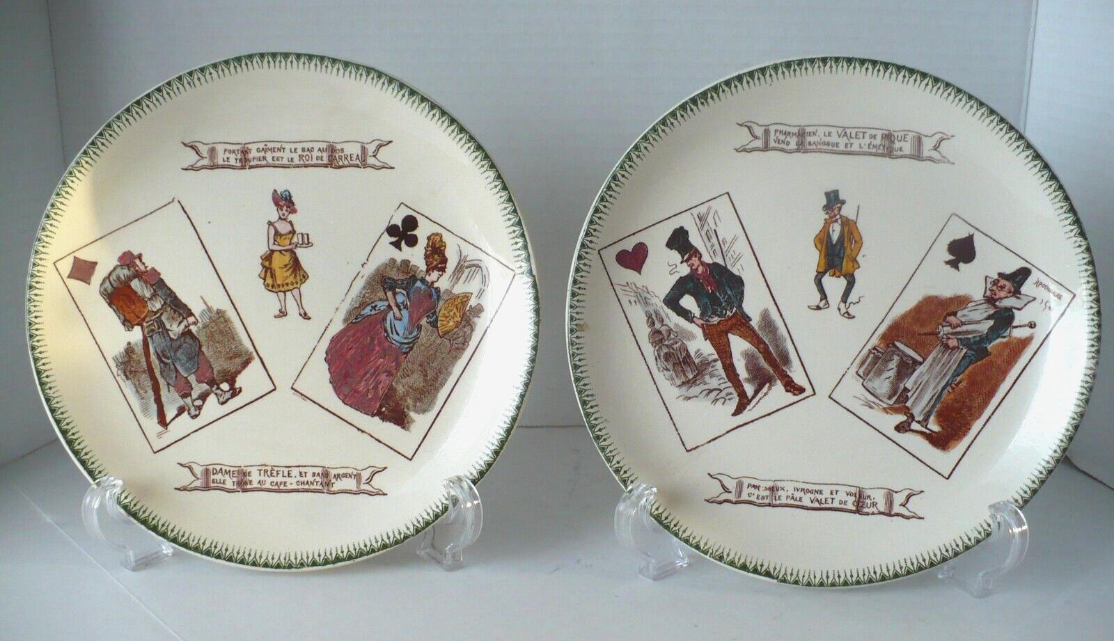 H.B.&C Antique French Ceramic Dessert Plates Joker Diamond Playing Cards Set/2