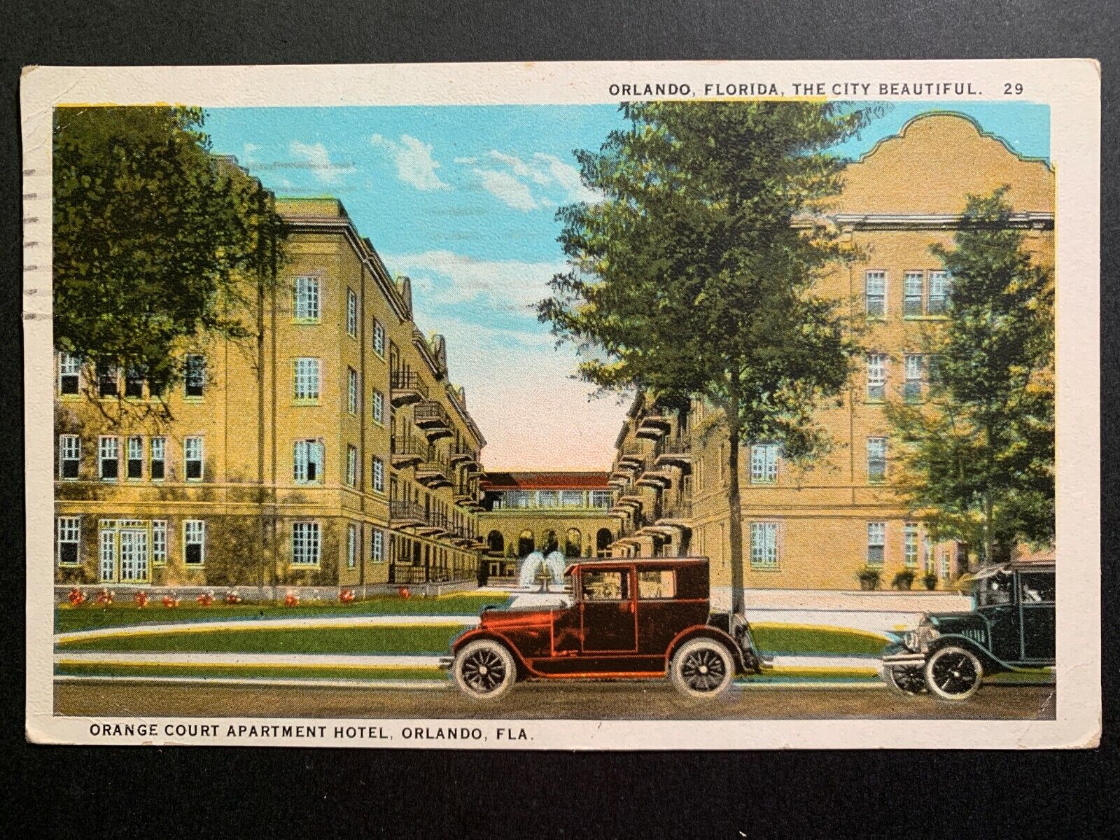 Postcard Orlando FL - c1920s Orange Court Apartment Hotel - Old Cars