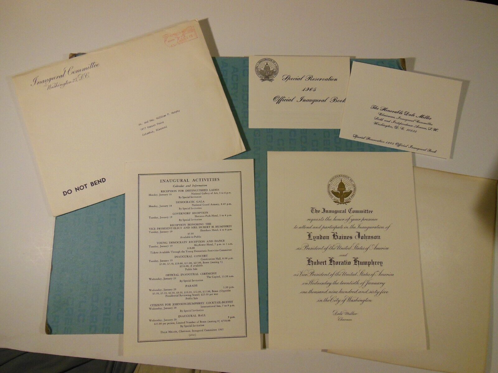 Invitation to LBJ Inauguration, 1965, with enclosures, Johnson Humphrey
