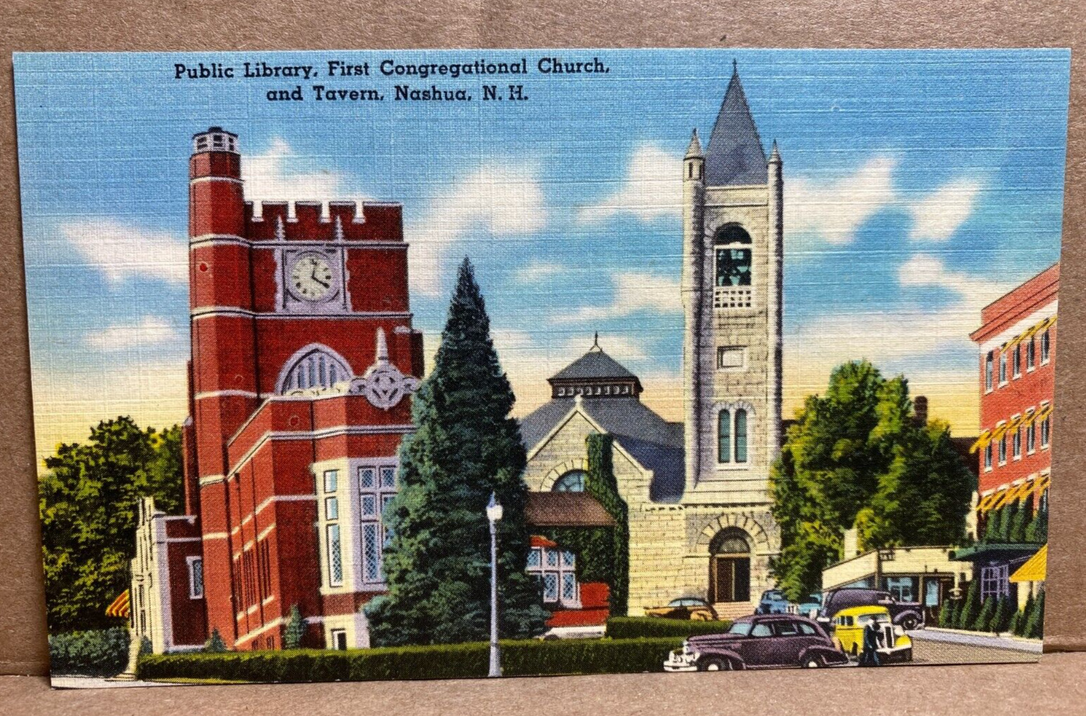 Public Library First Congregational Church and Tavern Nashua NH Linen Postcard