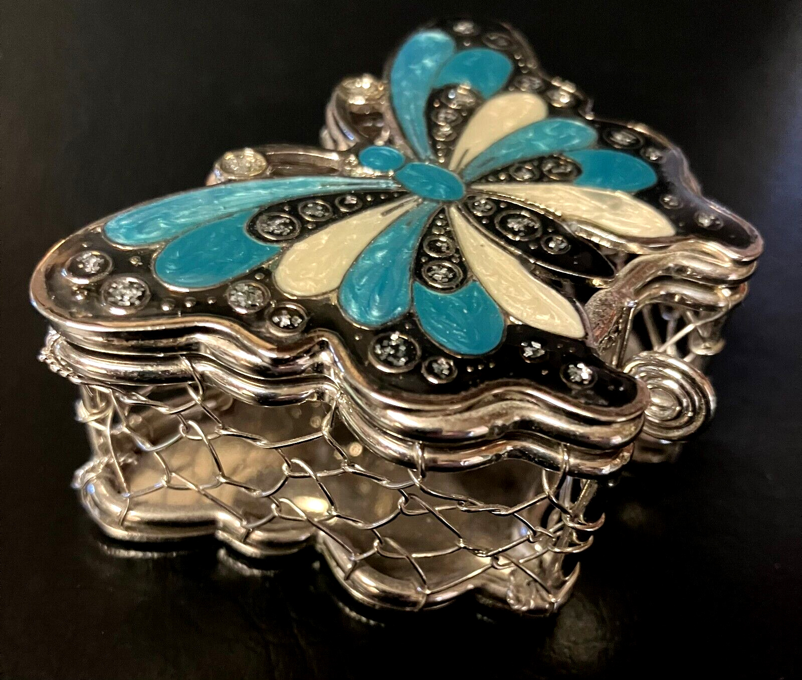 Enameled - Filagree Silvertone Metal - Butterfly Small Trinket Box