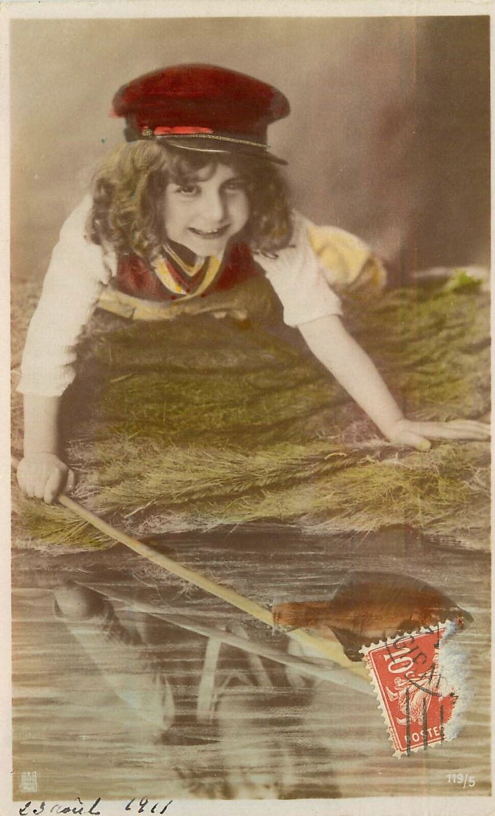 Postcard RPPC C-1910 Hand tint Girl catching fish 23-4836