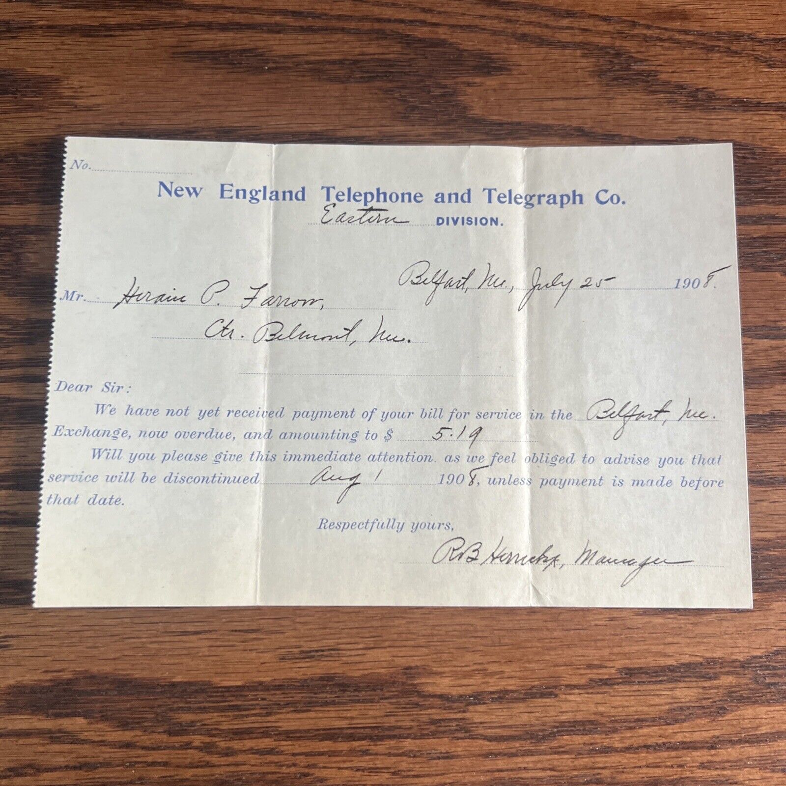 Overdue Bill And Settlement 1908 - New England Telephone And Telegraph Co