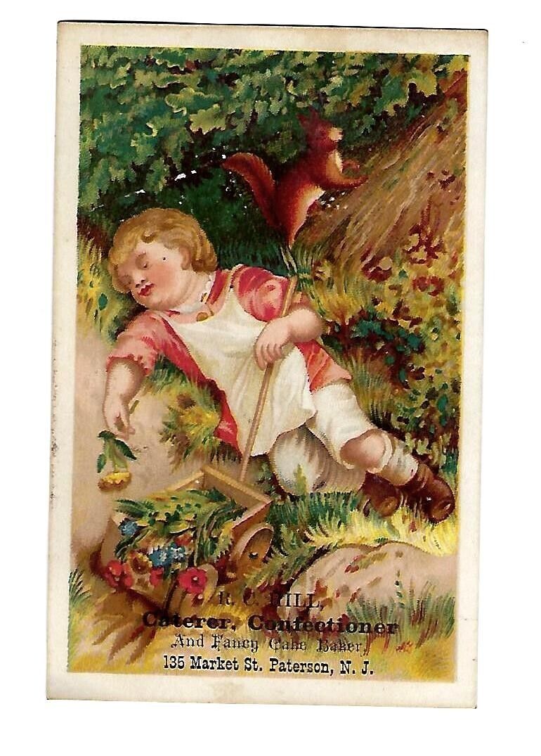c1890 Victorian Trade Card, Caterer Confectioner Clothier, Baby Sleeping