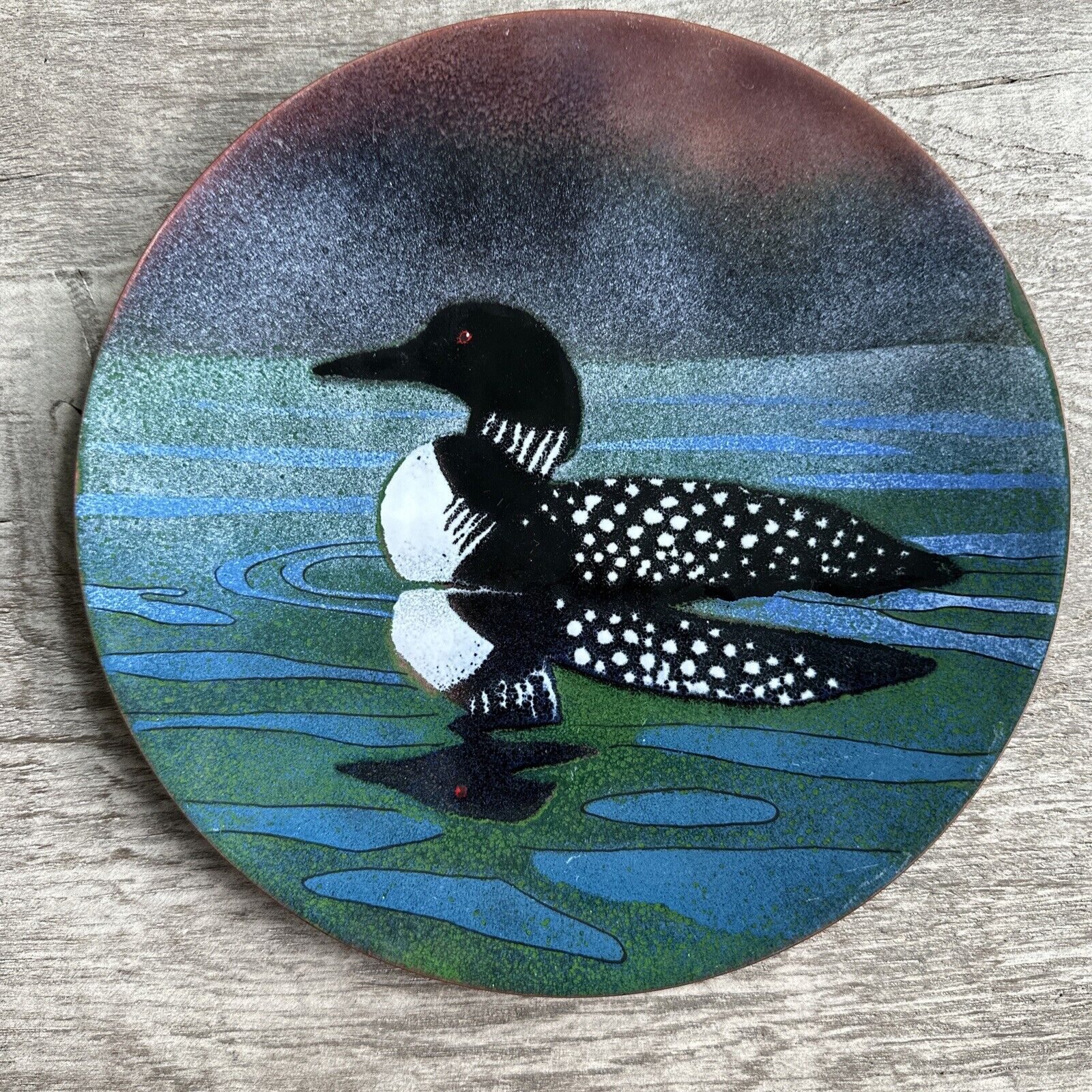 Rare Vintage Norman Brumm LOON Enamel Copper Plate 8 1/2” Signed, Collectible