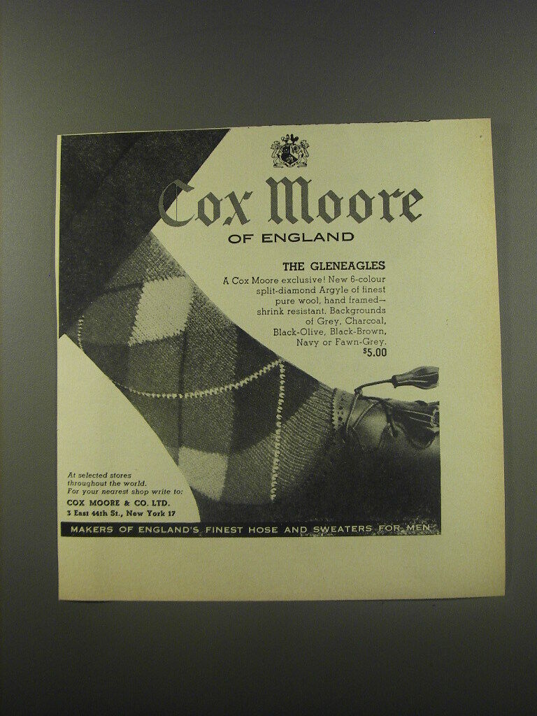 1956 Cox Moore of England Socks Ad - The Gleneagles