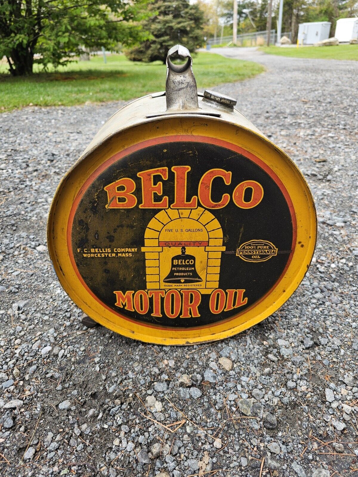 RARE 1920\'s Belco 5 Gallon Rocker Oil Can ORIGINAL GUARANTEED Worcester, MA
