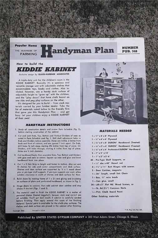 ORIG VINT 1954 POPULAR HOME HANDYMAN PLAN BUILD KIDDIE KABINET CABINET US GYPSUM