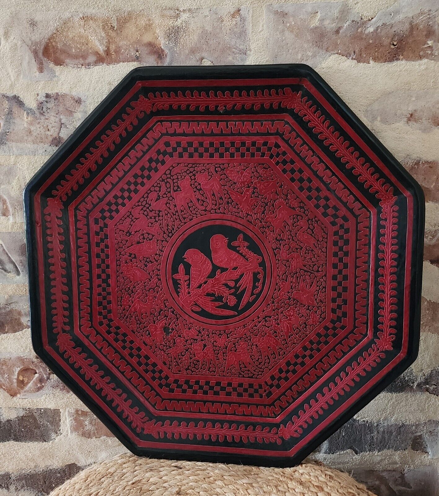 Chinese LARGE Asian Red Lacquerware Tray Plate Birds Animals  Highly Detailed