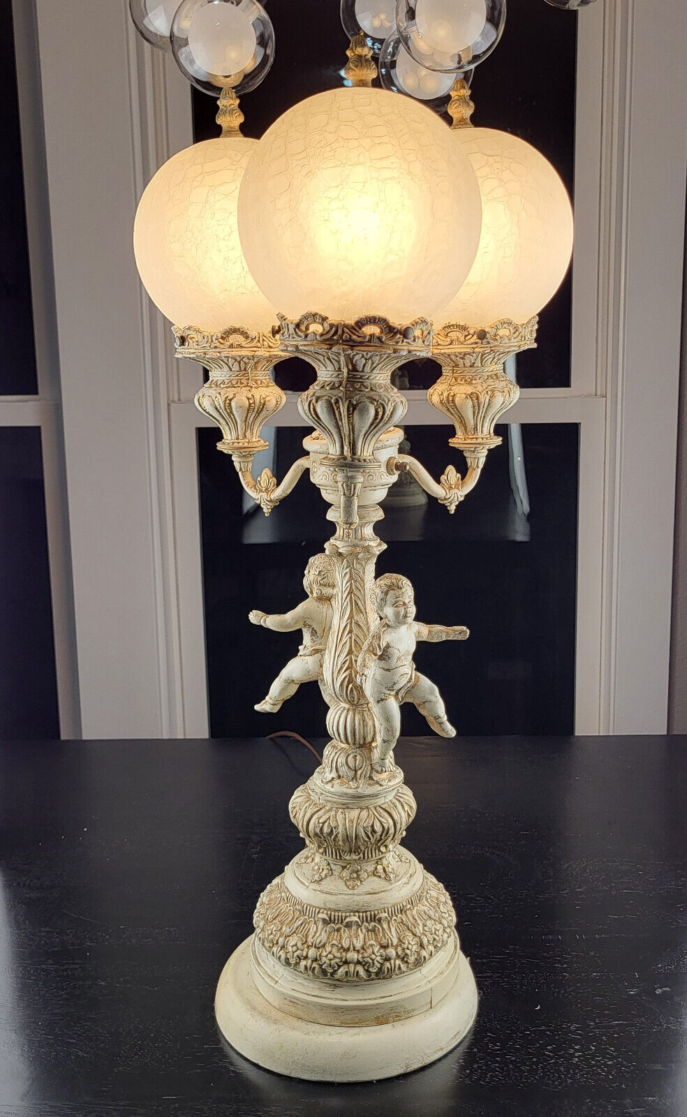 Antique Italian Neoclassical Distressed Metal 3 Arm/Globe Lamp w/ Putti Pedestal