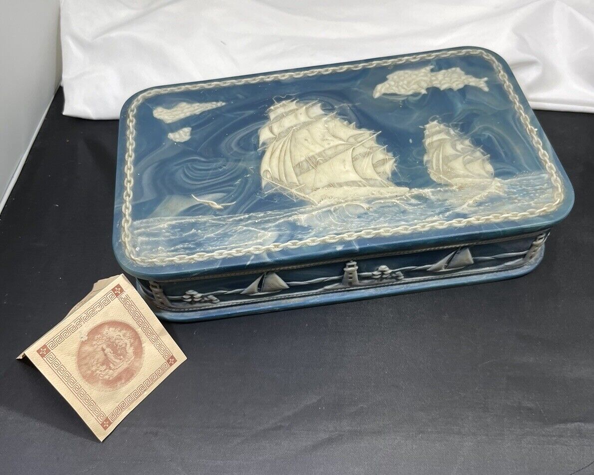 Antique Genuine Incolay Blue Stone Handcrafted Ship Jewelry Box - See Details