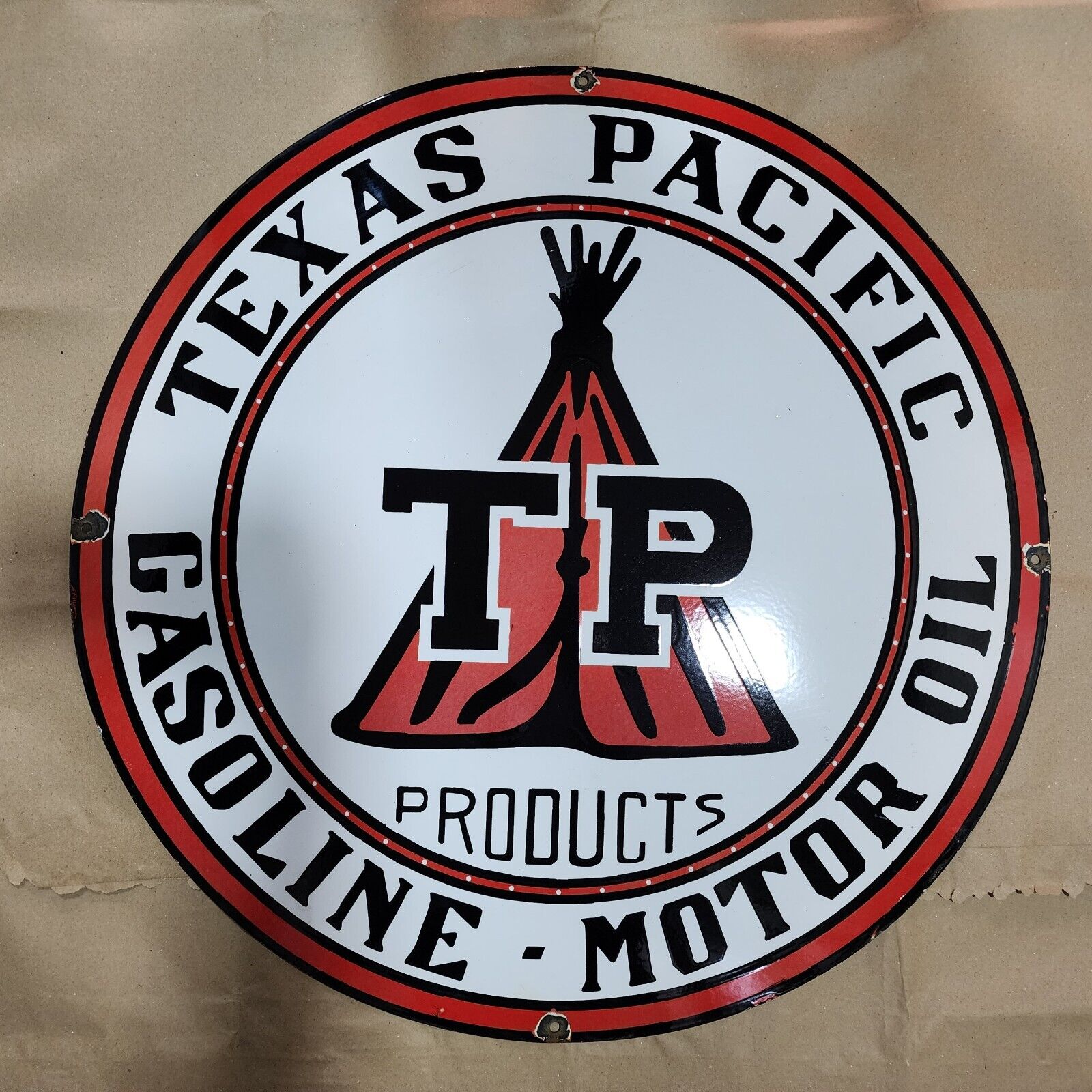 TEXAS PACIFIC GASOLINE PORCELAIN ENAMEL SIGN 30 INCHES ROUND