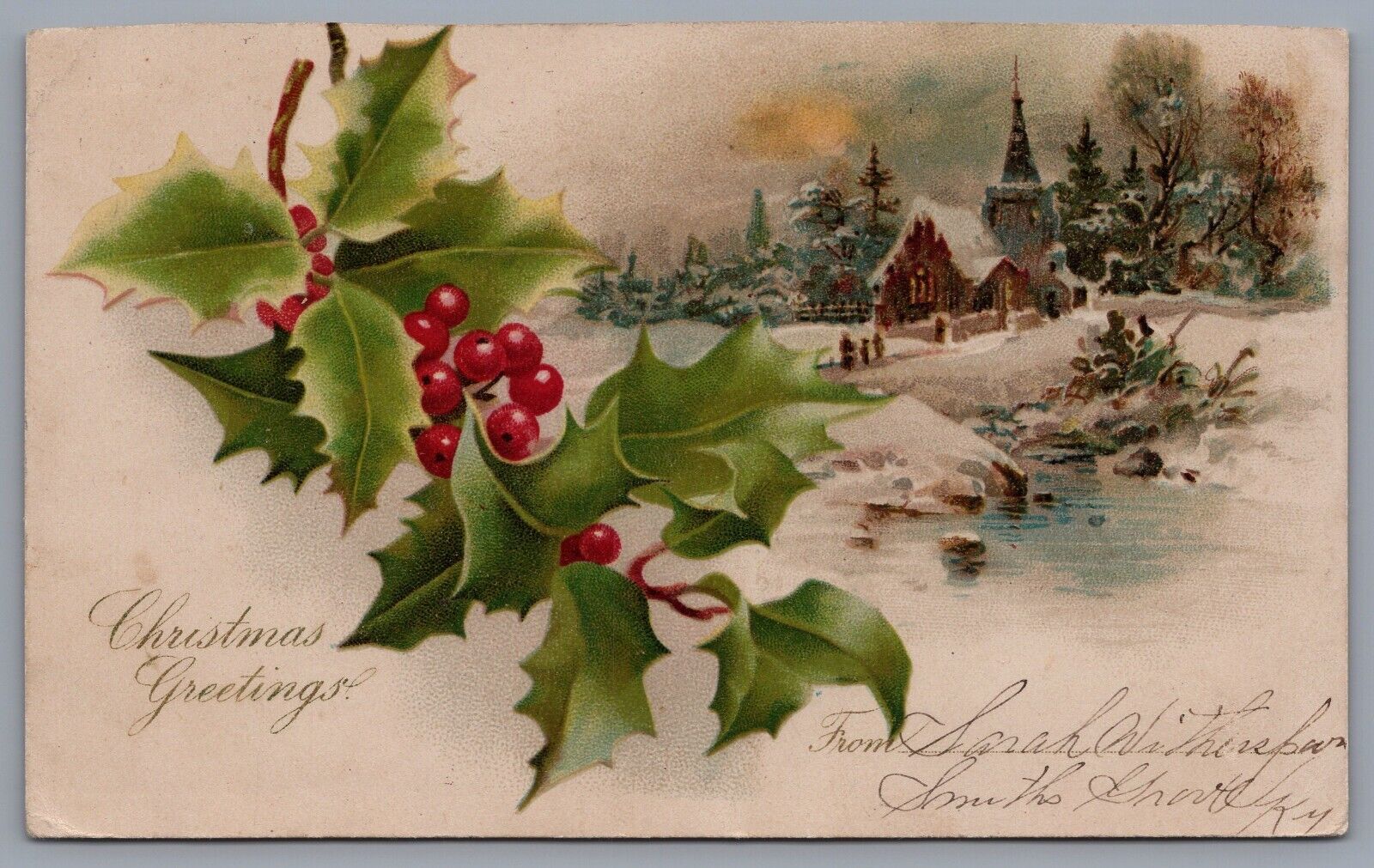 1904 Antique Christmas Postcard Winter Scene Church Mistletoe to Washington KS