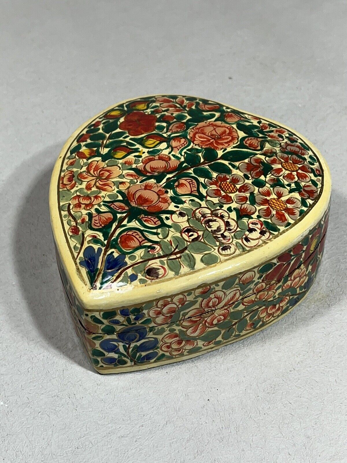 Vintage Lacquered Heart Shaped Trinket Box With Hand Painted Floral Design.