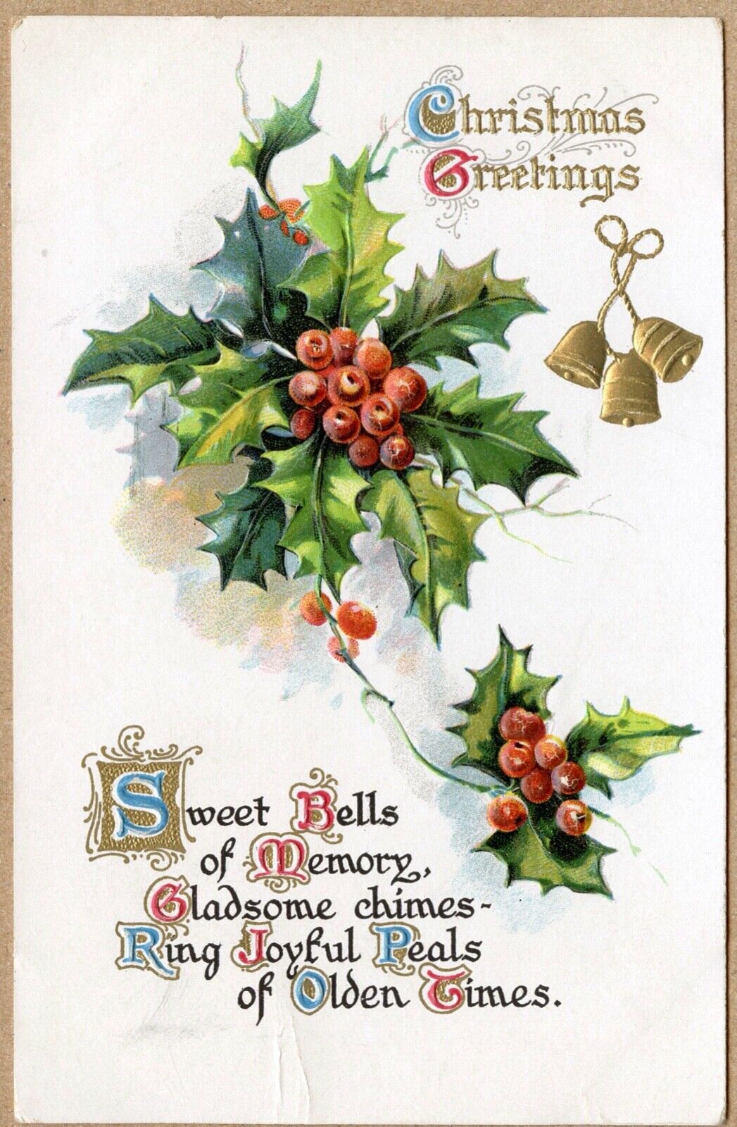 Christmas Greetings Holly Berries Poem Postcard