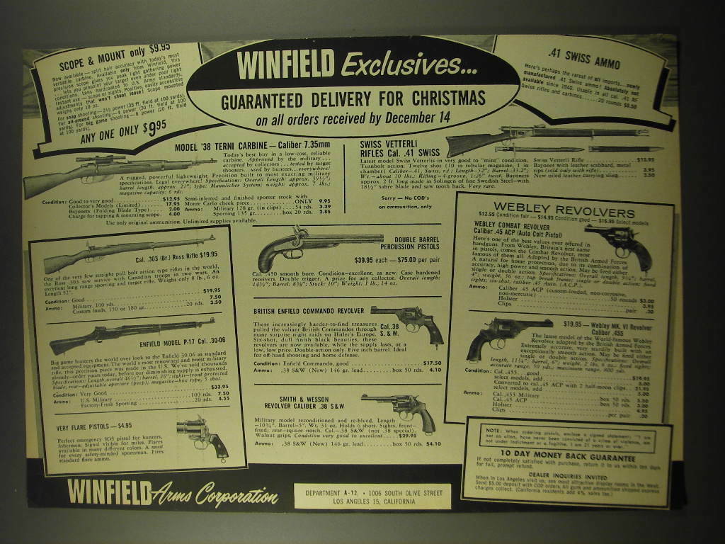 1957 Winfield Arms Ad - Model \'38 Terni Carbine, Vetterli Rifles, Ross Rifle