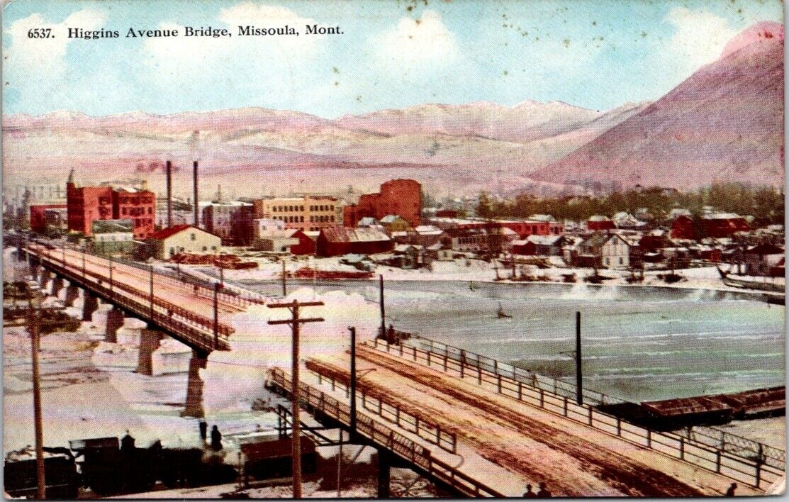 Missoula MT Higgins Avenue Bridge Railroad Train Steam c1910 postcard JP1