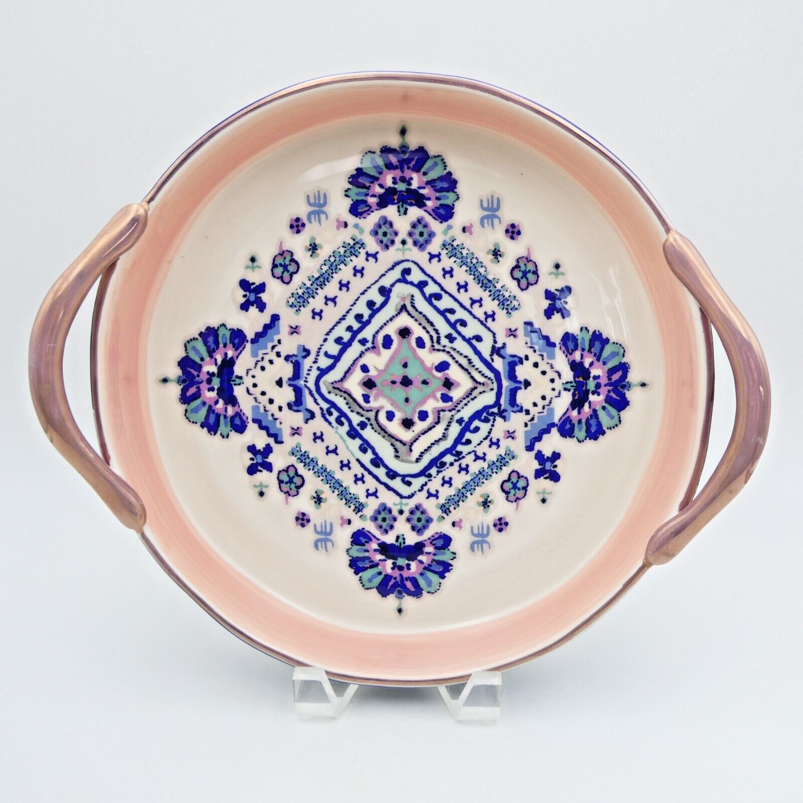 Anthropologie Lilia Pie Quiche Dish Round Tray Floral Boho Pink Blue Ceramic 10\
