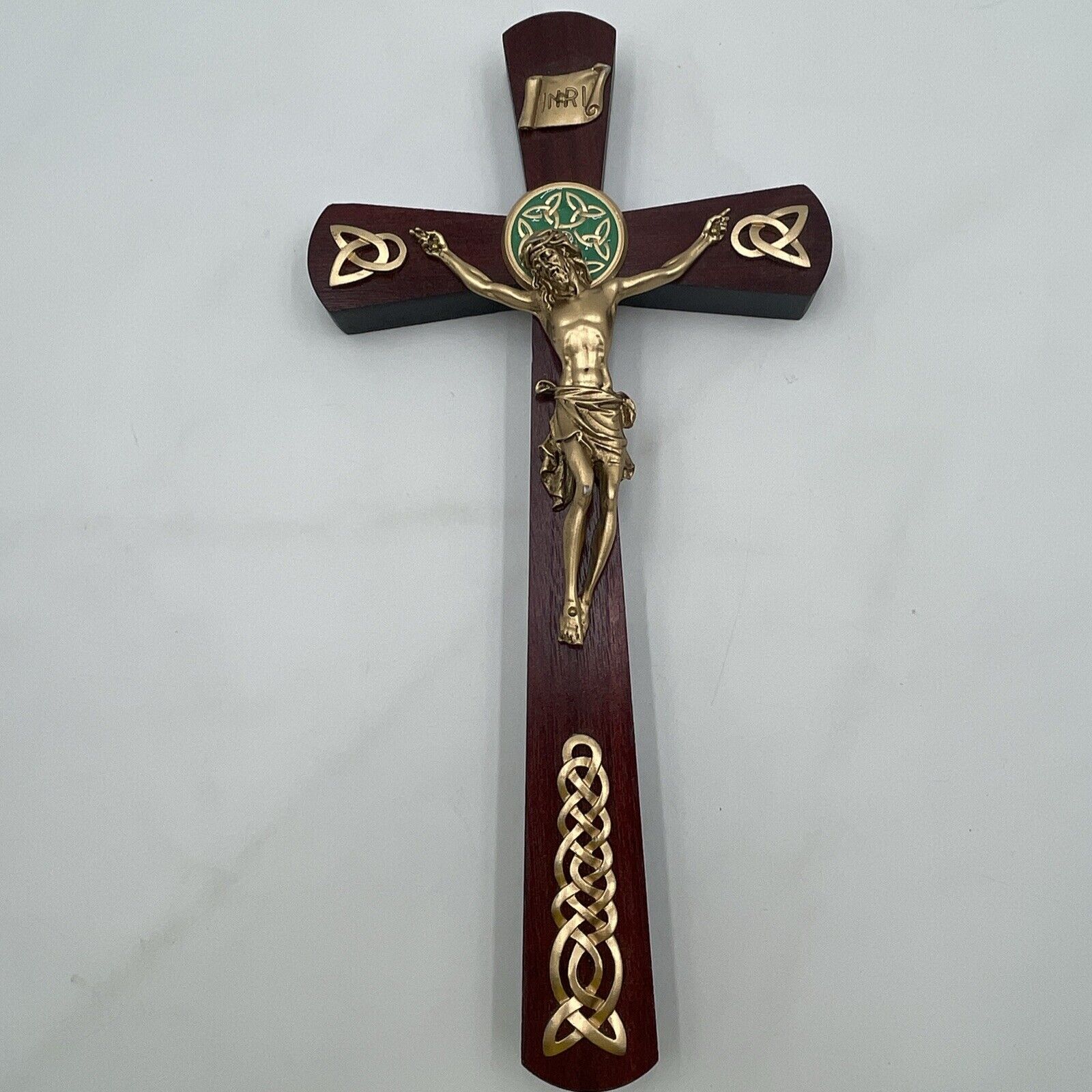 VTG Celtic Crucifix Gold Corpus 12\'\' High Cross Walnut Finish USA Made Catholic