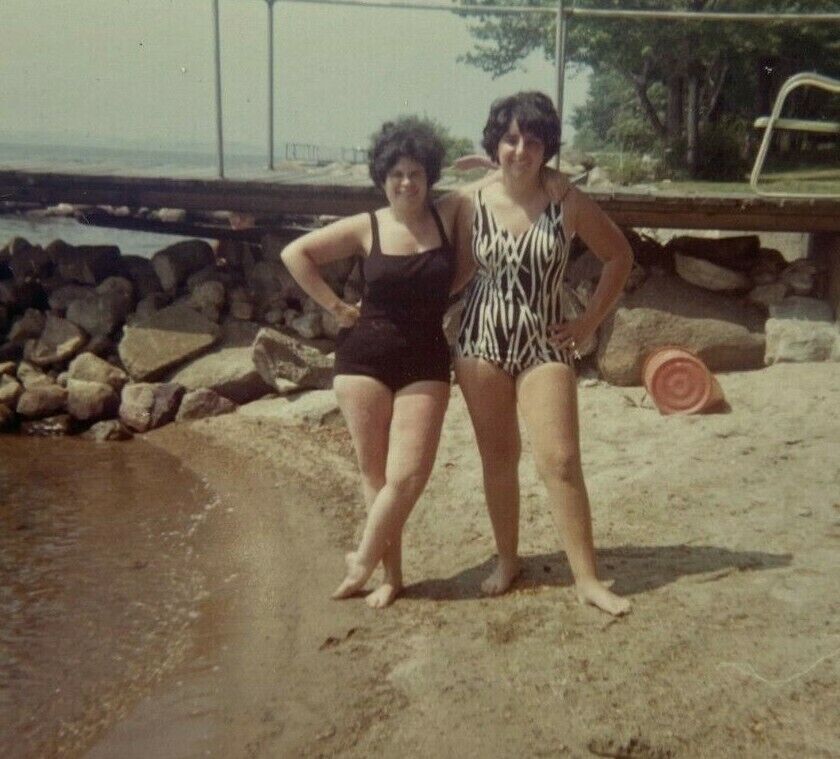 Two Women In Swimsuit Standing In Sand At Beach Color Photograph 3.5 x 3.5