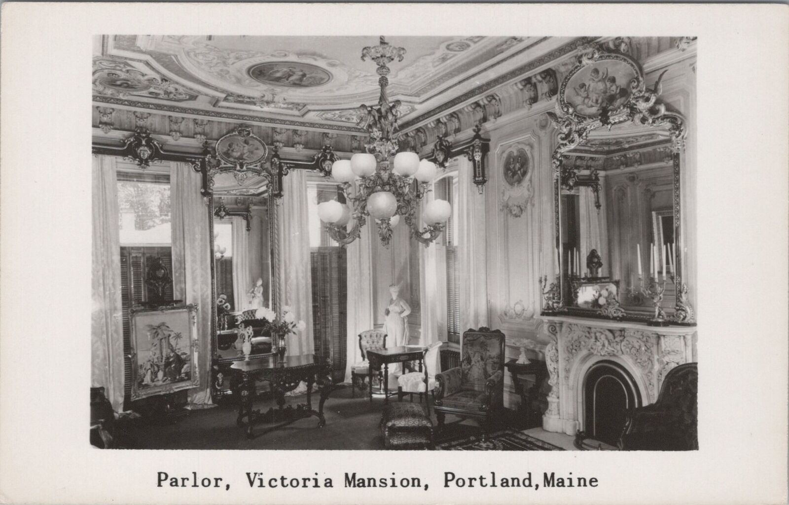 Victoria Mansion Parlor, Portland Maine Kodak RPPC Photo Postcard