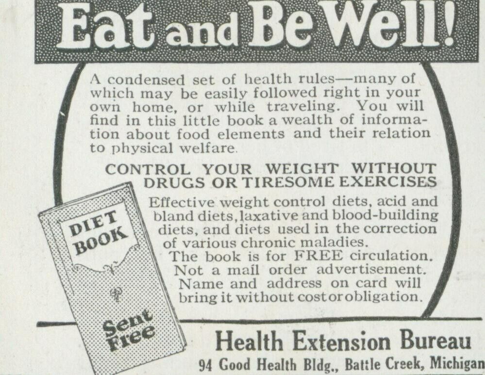 1928  Diet Book Eat Be Well Health Extension Bureau Battle Creek MI Print Ad PR4