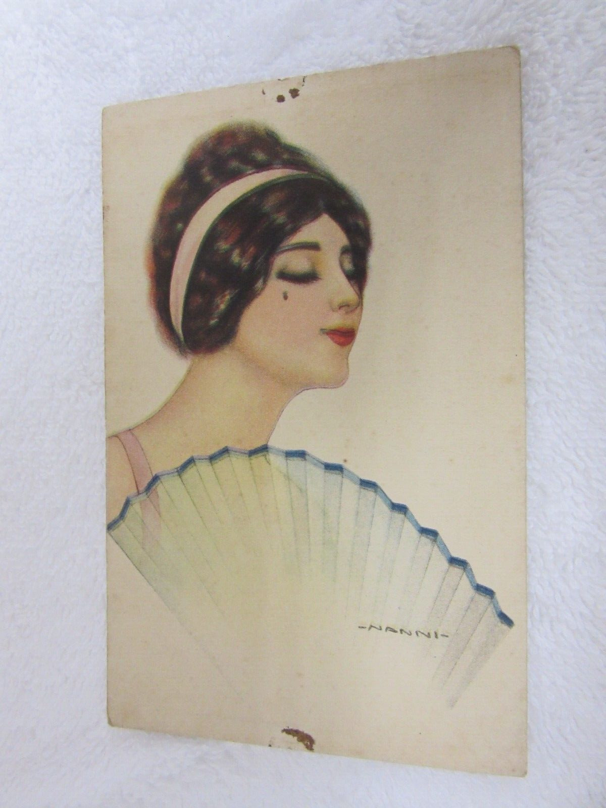 Vintage Art Deco Postcard Artist Signed Nanni  Lady with Fan
